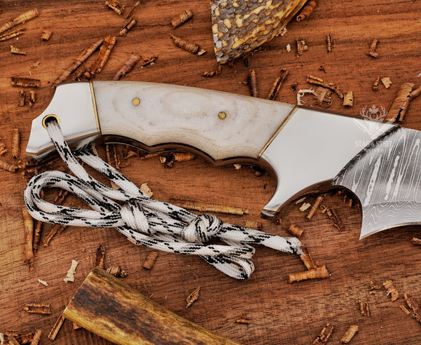 Handmade Damascus Bowie Knife – 8” Hunting Blade with White Micarta  Handle + Leather Sheath