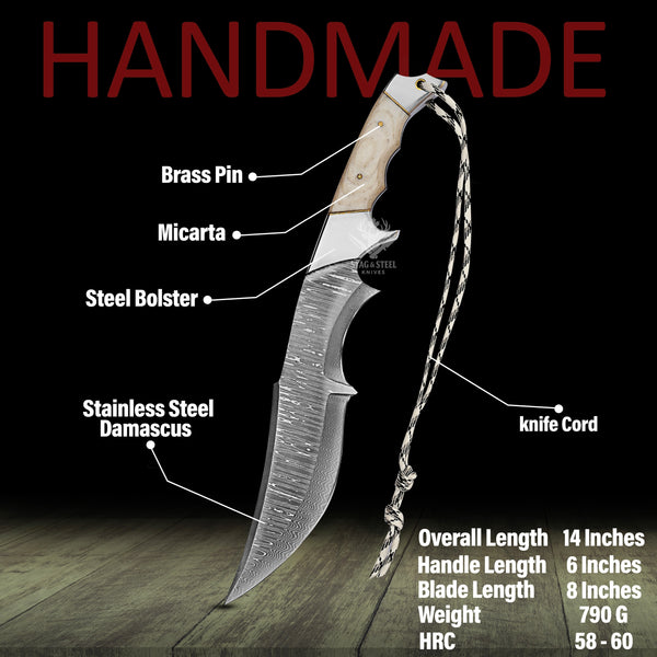 Handmade Damascus Bowie Knife – 8” Hunting Blade