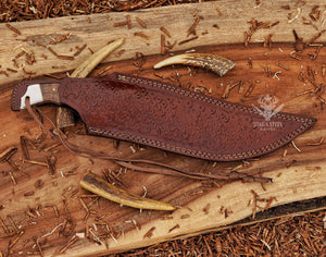 Handmade Damascus Bowie Knife – 8” Hunting Blade with Walnut Wood Handle + Leather Sheath