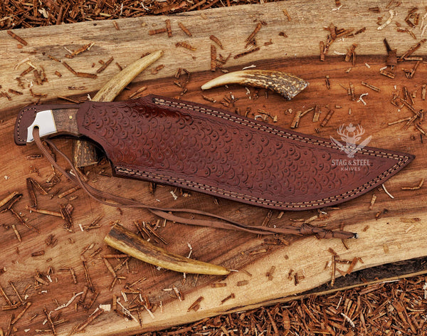 Handmade Damascus Bowie Knife – 8” Hunting Blade with Walnut Wood Handle + Leather Sheath