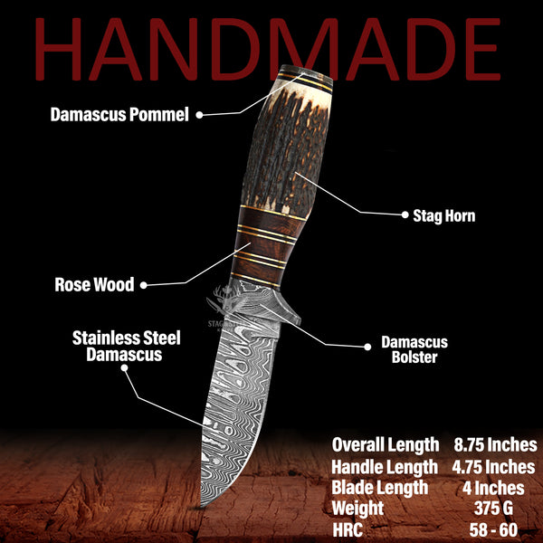 Custom Damascus Hunting Knife: Rosewood, Stag Horn Handle
