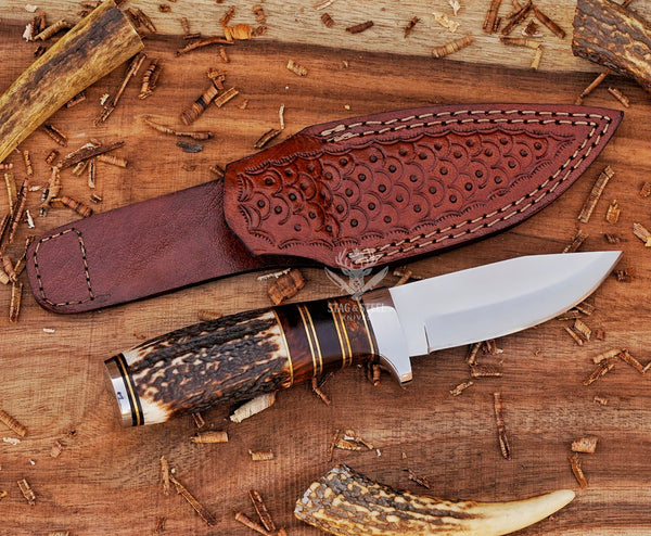 Handmade Damascus Skinner Knife – Stag Horn Handle, 8.75″ EDC & Hunting Knife with Leather Sheath