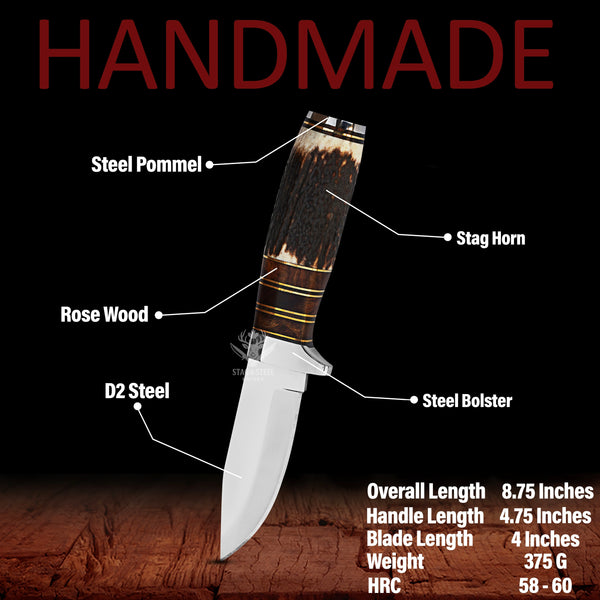 Handmade Damascus Skinner Knife – Stag Horn Handle, 8.75″ EDC & Hunting Knife with Leather Sheath