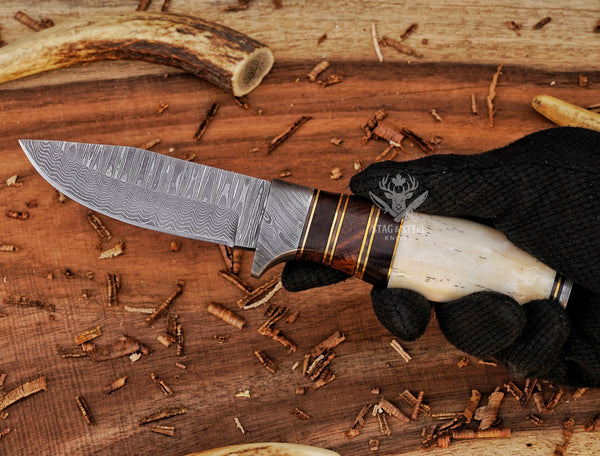 Custom Damascus Small Hunting Knife With Damascus Guard