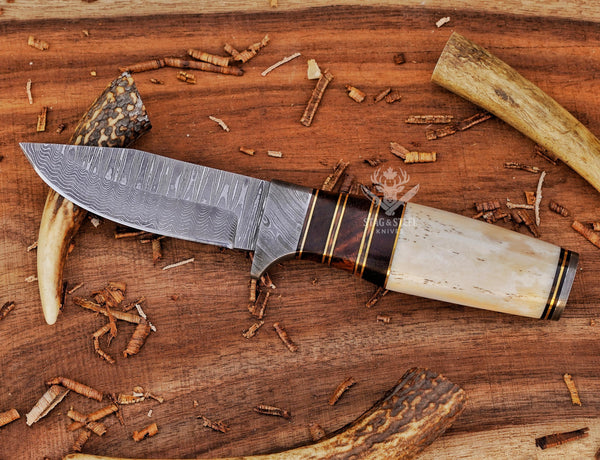 Custom Damascus Hunting Knife: Rosewood,  Camel Bone Handle