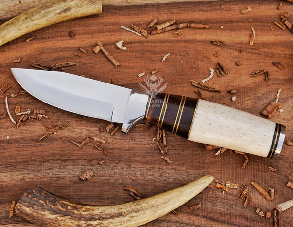 Handmade Damascus Skinner Knife – Camel Bone Handle, 8.75″ EDC & Hunting Knife with Leather Sheath