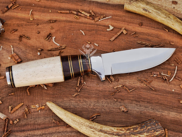 Handmade Damascus Skinner Knife – Camel Bone Handle, 8.75″ EDC & Hunting Knife with Leather Sheath