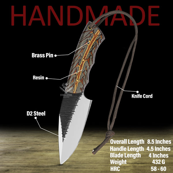 D2 Steel Knife – Grey Pinecone – Big Game Hunting & Deer Processing knife Gift