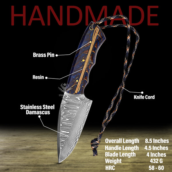 Handmade Skinning Knife – Blue Pinecone Handle  – Big Game Hunting & Deer Processing knife Gift