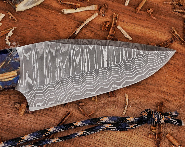 Handmade Skinning Knife – Blue Pinecone Handle  – Big Game Hunting & Deer Processing knife Gift