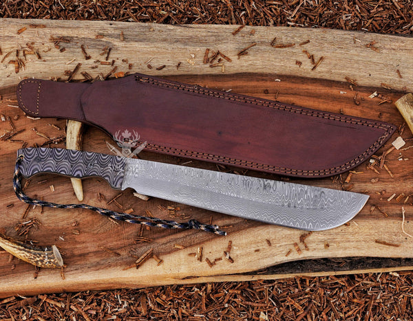 Handmade Machete Knife – Grey Micarta Handle – Damascus Steel Full Tang Blade | Hunting, Bushcraft & Outdoor Survival Knife