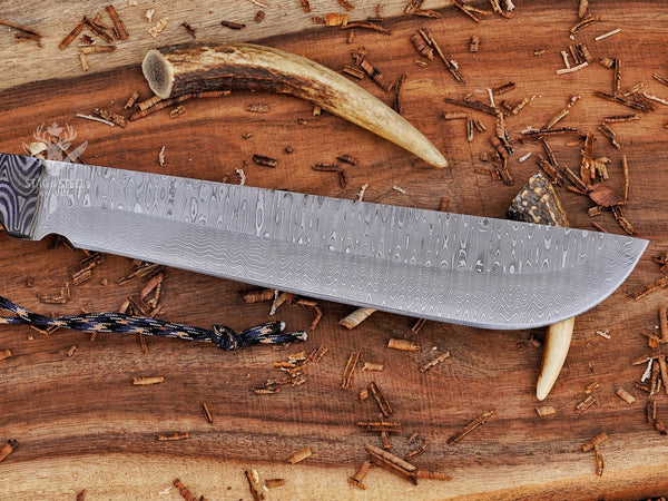 Handmade Machete Knife – Grey Micarta Handle – Damascus Steel Full Tang Blade | Hunting, Bushcraft & Outdoor Survival Knife