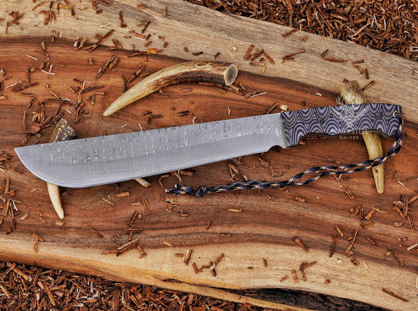 Handmade Machete Knife – Grey Micarta Handle – Damascus Steel Full Tang Blade | Hunting, Bushcraft & Outdoor Survival Knife