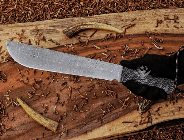 Handmade Machete Knife – Grey Micarta Handle – Damascus Steel Full Tang Blade | Hunting, Bushcraft & Outdoor Survival Knife