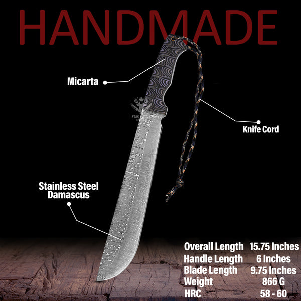 Handmade Machete Knife – Grey Micarta Handle – Damascus Steel Full Tang Blade | Hunting, Bushcraft & Outdoor Survival Knife