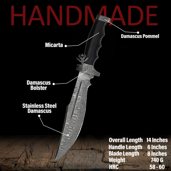 Handmade Damascus Bowie Knife – Brown Micarta Handle – Hunting & Collectible Gift Knife