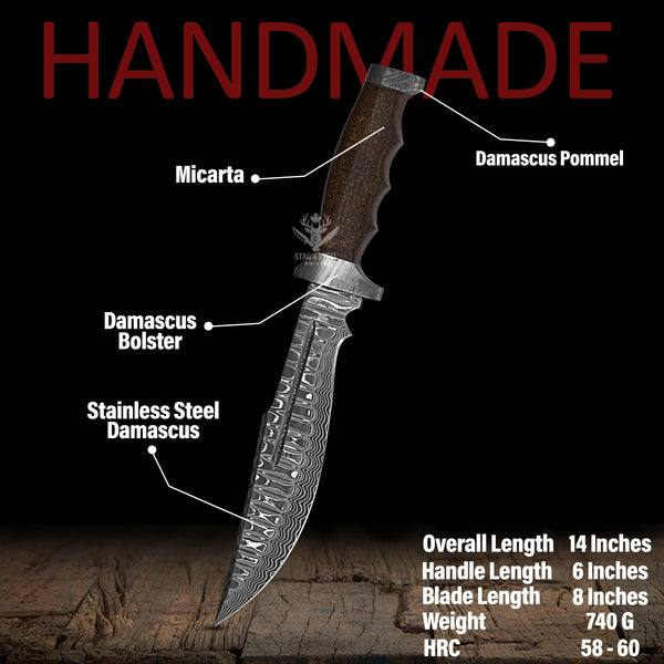 Handmade Damascus Bowie Knife – Black Micarta Handle – Hunting & Collectible Gift Knife