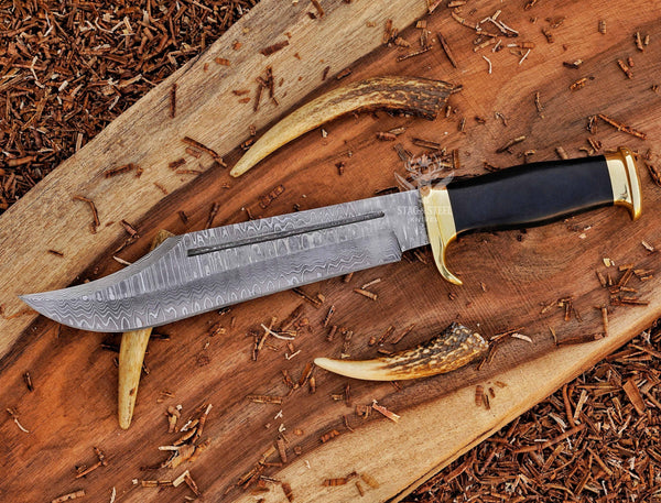 Handmade Damascus Bowie Hunting Knife: Black Micarta Handle, Leather Sheath