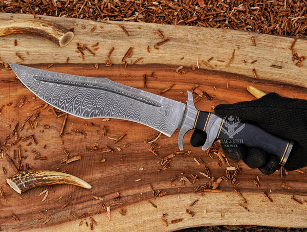 Handmade Damascus Bowie Knife: Stainless Steel Blade, Black Micarta Handle