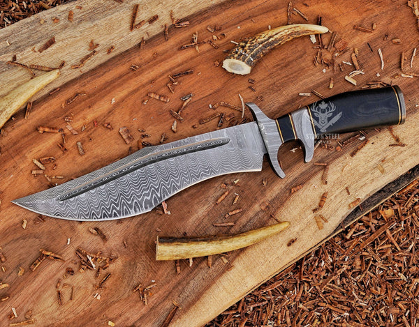 Handmade Damascus Bowie Knife: Stainless Steel Blade, Black Micarta Handle