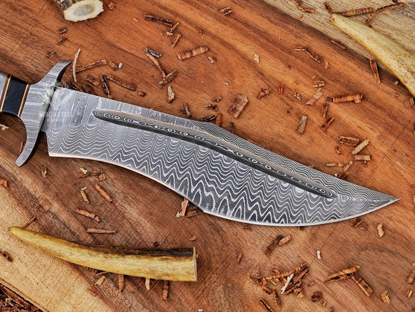 Handmade Damascus Bowie Knife: Stainless Steel Blade, Black Micarta Handle