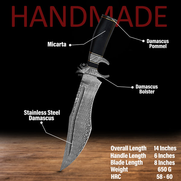 Handmade Damascus Bowie Knife: Stainless Steel Blade, Black Micarta Handle