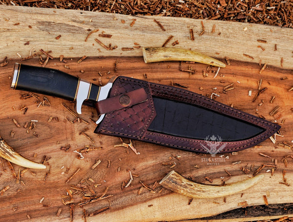 D2 Steel Bowie Knife: High Carbon Outdoor Survival Knife Handle Black Micarta with Leather Sheath