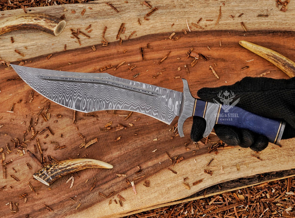 Handmade Damascus Bowie Knife: Stainless Steel Blade, Blue Micarta Handle