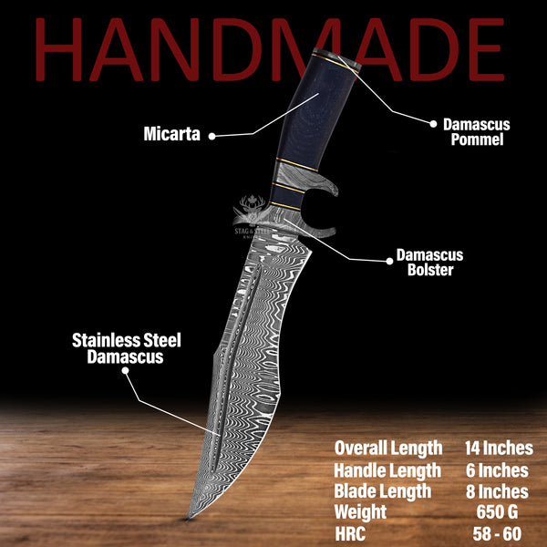 Handmade Damascus Bowie Knife with Finger Guard