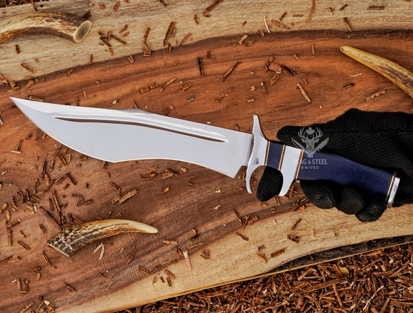 D2 Steel Bowie Knife: High Carbon Outdoor Survival Knife Handle Blue Micarta with Leather Sheath