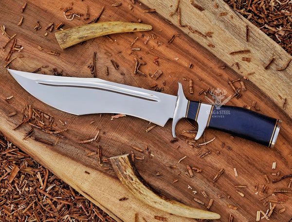 D2 Steel Bowie Knife: High Carbon Outdoor Survival Knife Handle Blue Micarta with Leather Sheath