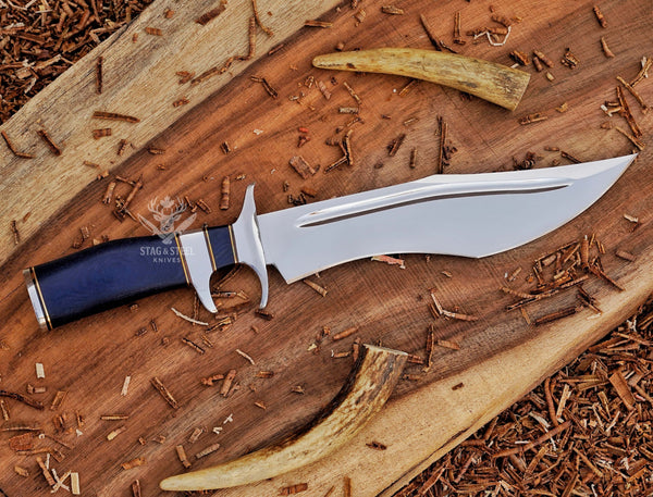 D2 Steel Bowie Knife: High Carbon Outdoor Survival Knife Handle Blue Micarta with Leather Sheath