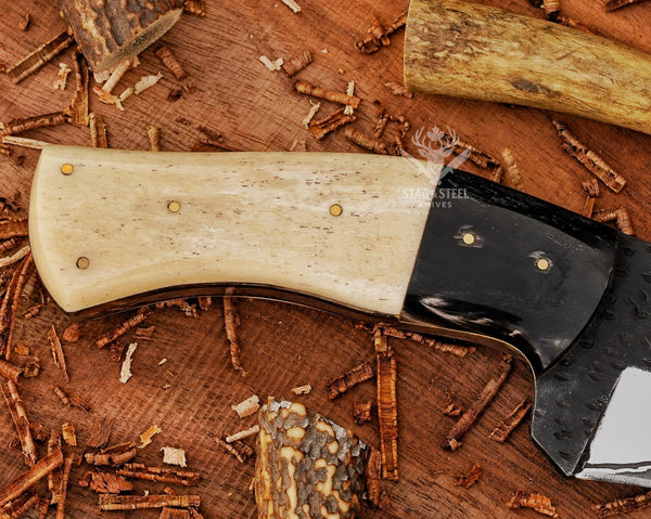 D2 Steel Handmade Damascus Bowie Knife:  Camel Bone Handle, Leather Sheath