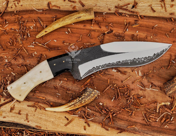 D2 Steel Handmade Damascus Bowie Knife:  Camel Bone Handle, Leather Sheath