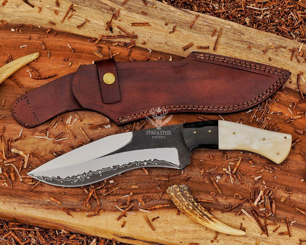 D2 Steel Handmade Damascus Bowie Knife:  Camel Bone Handle, Leather Sheath