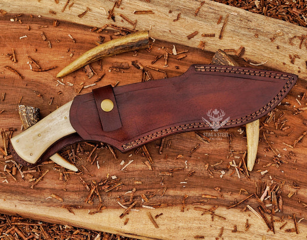 D2 Steel Handmade Damascus Bowie Knife:  Camel Bone Handle, Leather Sheath