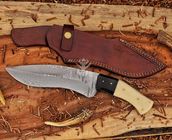 Kukri Knife | Damascus Kukri Bowie Knife with Leather Sheath