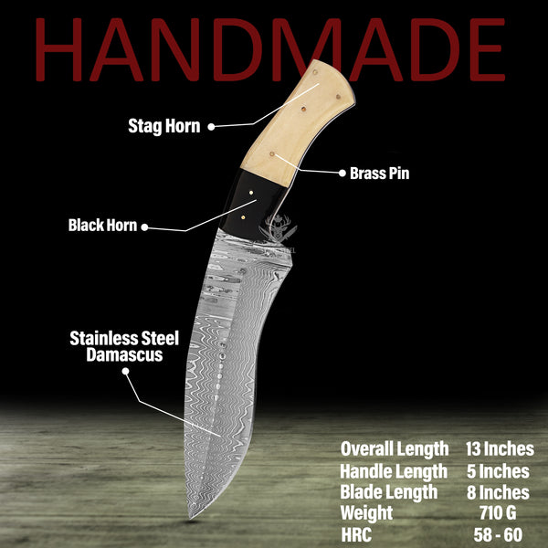 Kukri Knife | Damascus Kukri Bowie Knife with Leather Sheath