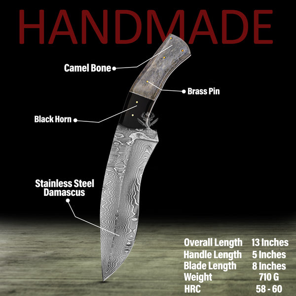 Unique Damascus Bowie Knife – Tinted Bone Handle | Collector’s Gift for Outdoorsman