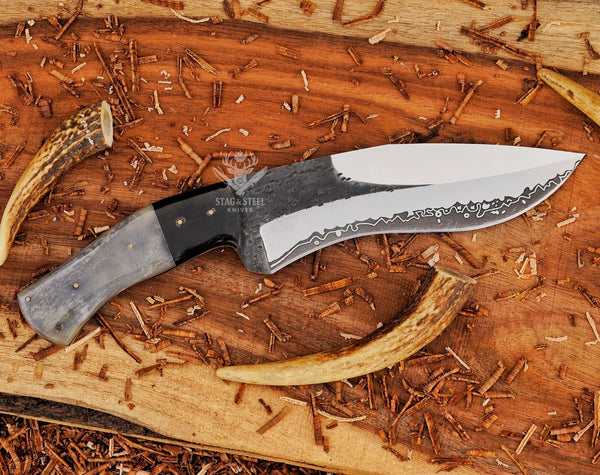 D2 Steel Handmade Damascus Bowie Knife: Tinted Bone Handle, Leather Sheath