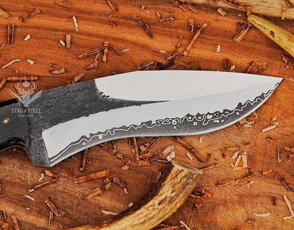 D2 Steel Handmade Damascus Bowie Knife: Tinted Bone Handle, Leather Sheath