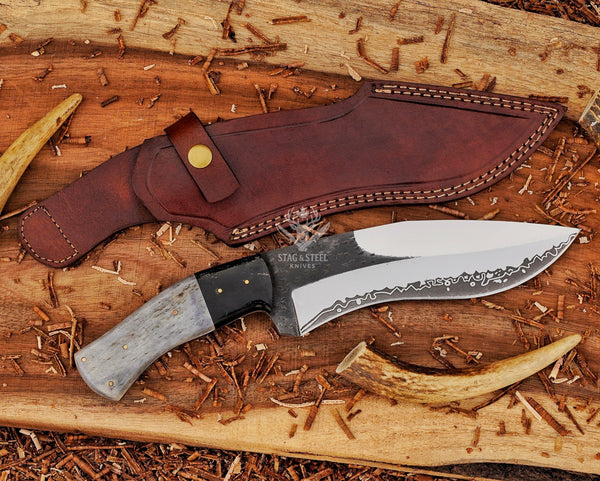 D2 Steel Handmade Damascus Bowie Knife: Tinted Bone Handle, Leather Sheath