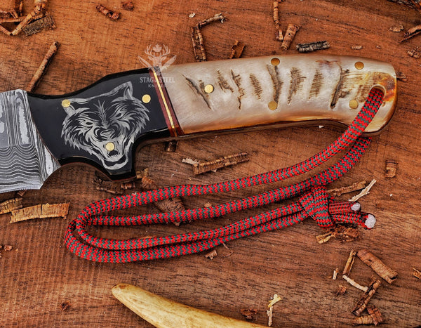 Custom Damascus Hunting Knife – CamelBone+RamHorn Handle –Handmade Engraved Wolf Sheath – Full Tang