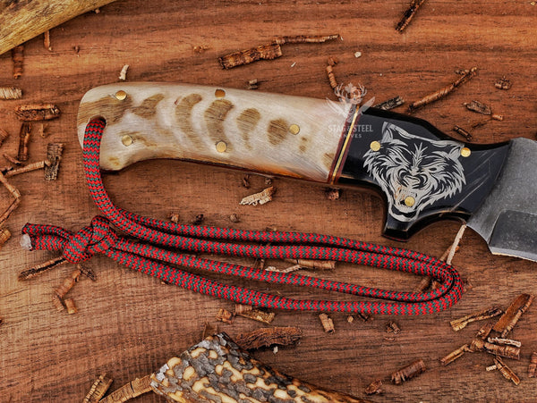 Custom D2 Hunting Knife Wolf Engraved handle & leather sheath