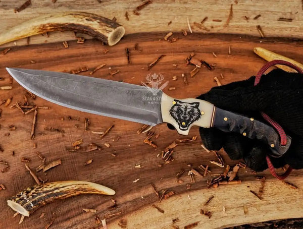Custom D2 Hunting Knife Wolf Engraved handle & leather sheath