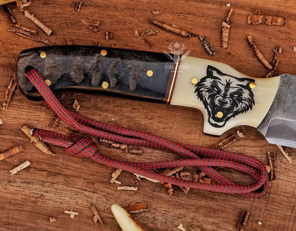 Custom D2 Hunting Knife Wolf Engraved handle & leather sheath