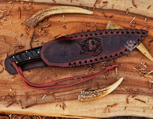 Hand Forged D2 Steel Knife: BlackHorn & RamHorn Handle, Wolf Sheath