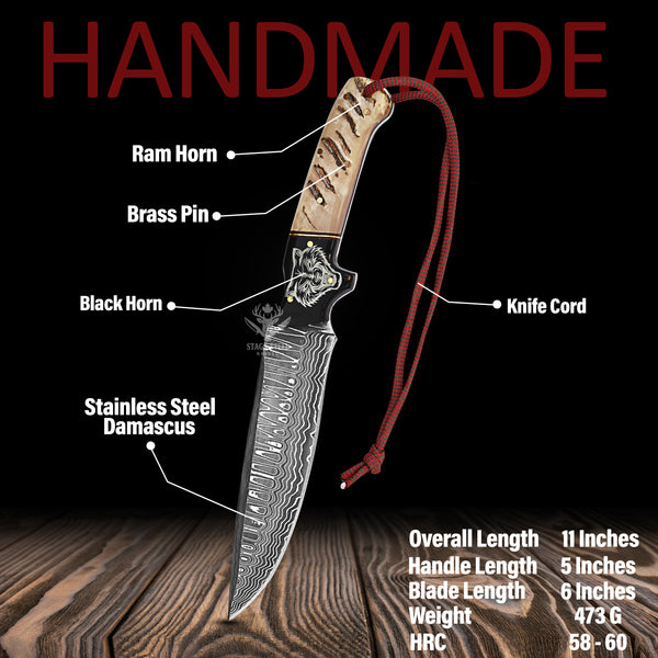 Custom Damascus Hunting Knife – CamelBone+RamHorn Handle –Handmade Engraved Wolf Sheath – Full Tang