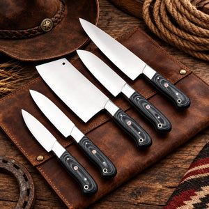 Five-piece J2 stainless chef knife set with black Micarta handles, steel bolsters,
