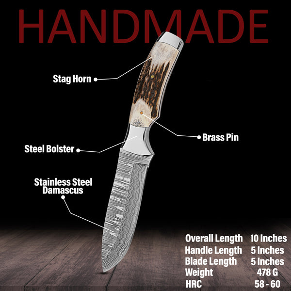 Bushcraft Knife | Stainless Damascus Steel Blade | Stag Handle | SS Bolsters & Leather Sheath.